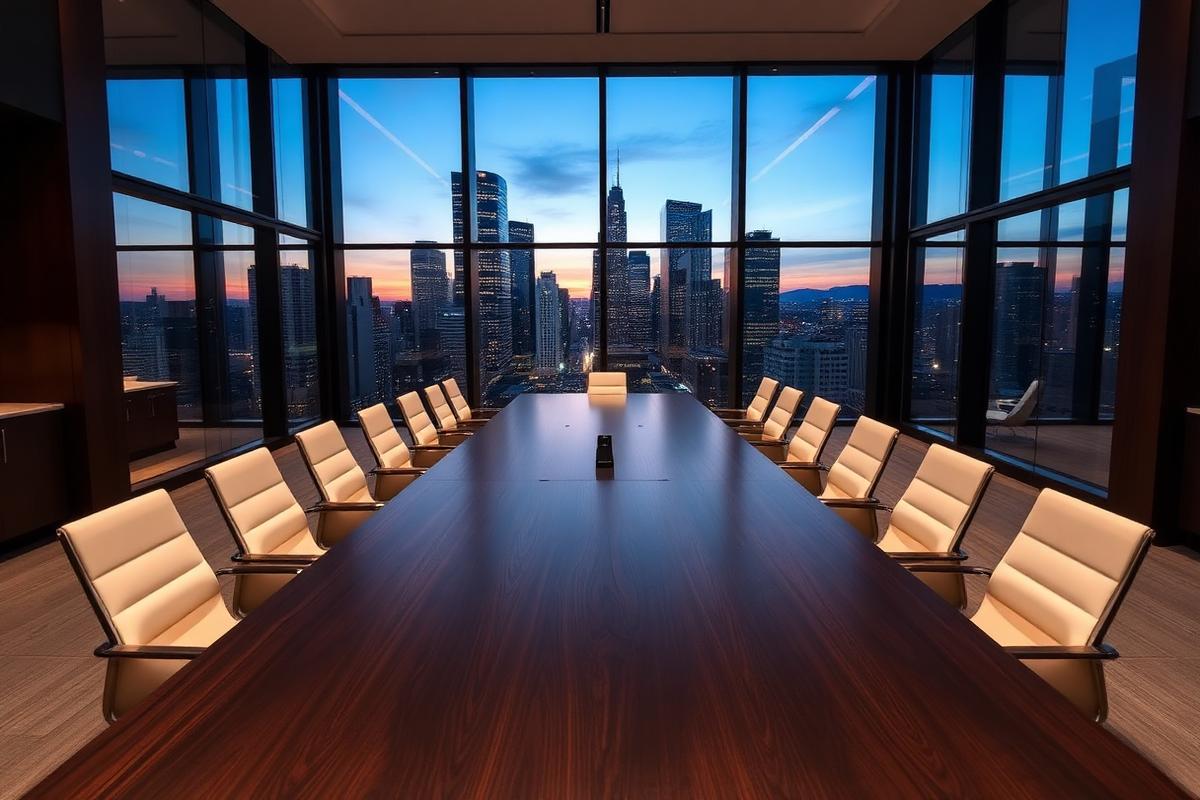 Executive boardroom with city skyline view